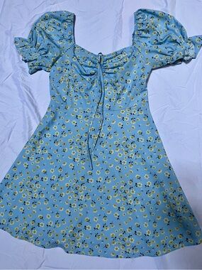 SHEIN Blue Floral Puff-Sleeve Tie-Back Dress